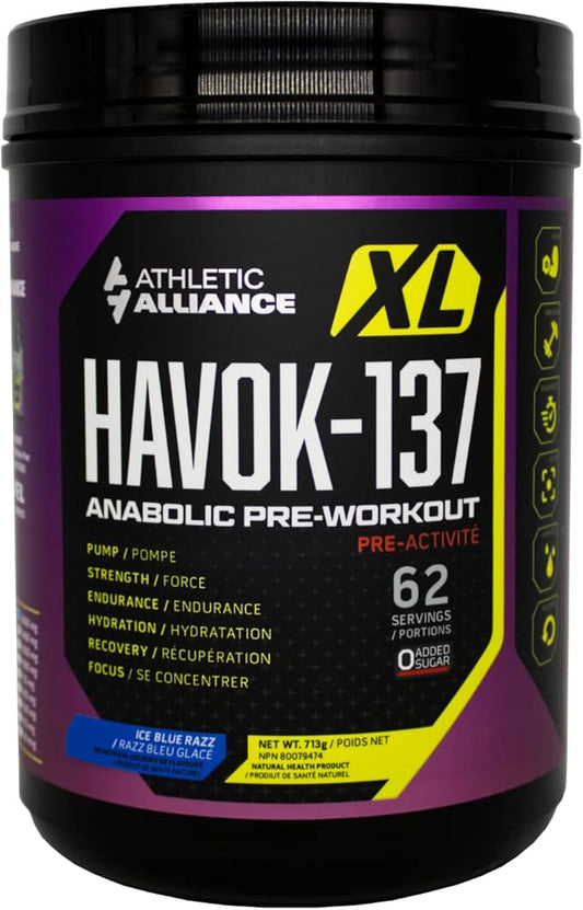 002  Athletic Alliance HAVOK-137 鍛鍊前、力量、耐力、能量和恢復鍛鍊前配方，含咖啡因、促智支持、支鏈氨基酸、肌酸和染料，60 份（ICY Blue Razz）