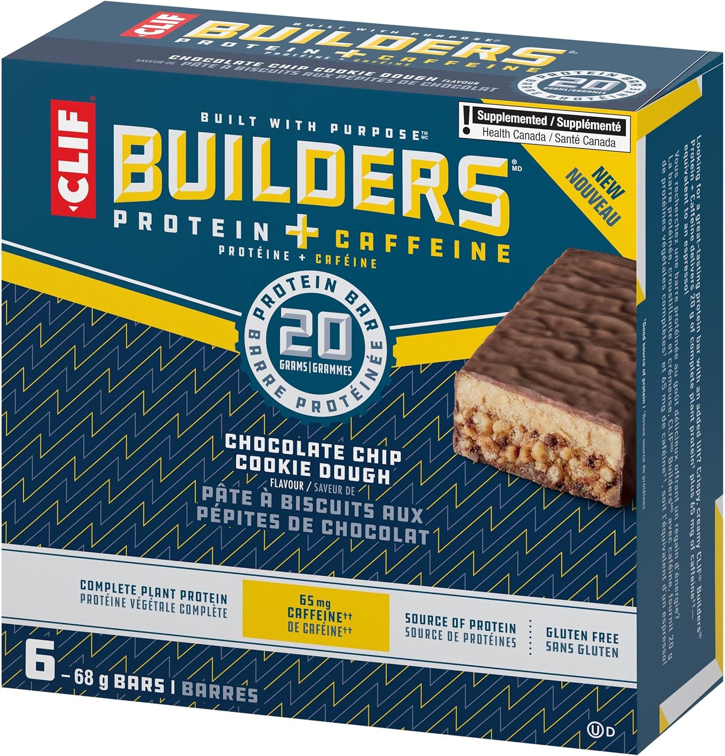 CLIF BUILDERS 蛋白棒，巧克力曲奇饼干口味，20 克蛋白质，加拿大制造，无麸质，无人工香料，68 克（6 包），加拿大制造
