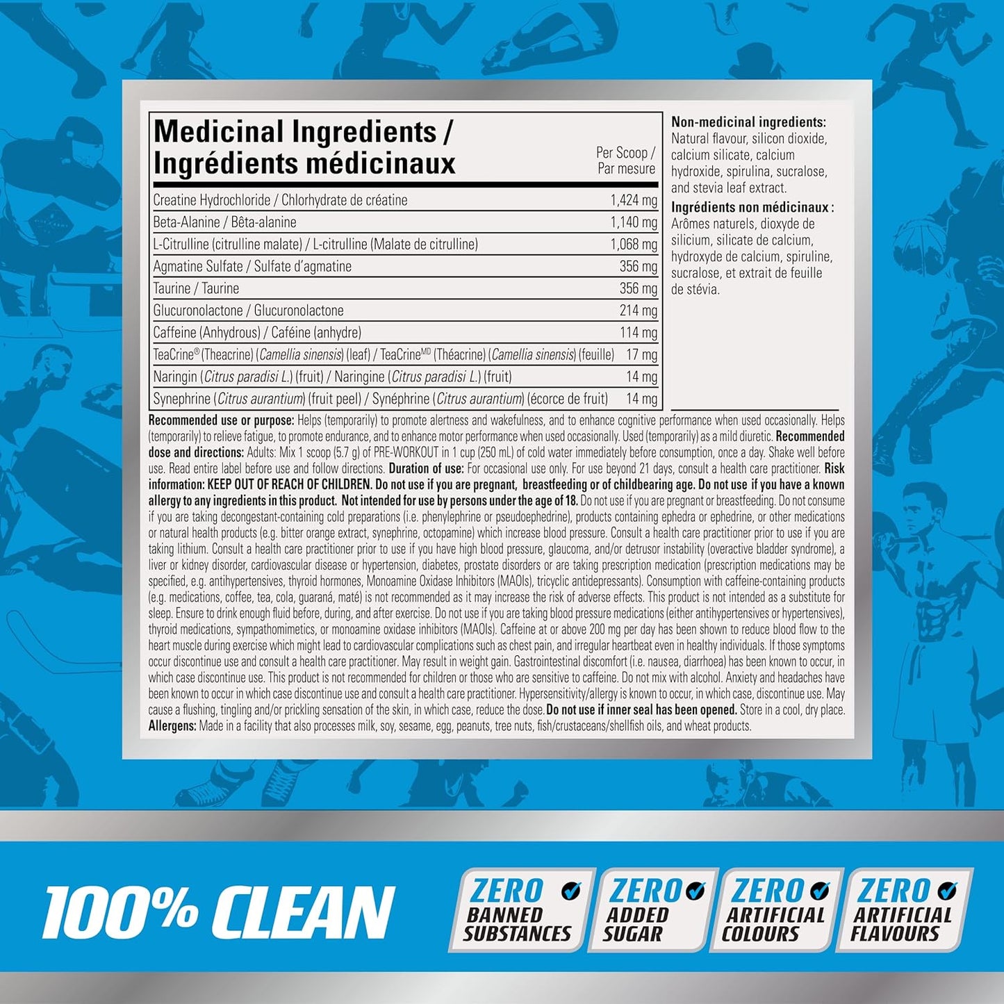 含肌酸鹽酸鹽、β-丙氨酸、L-瓜氨酸、爆發力能量和性能的鍛煉前粉，冰藍色拉茲口味，100% 純淨：不添加糖、人工色素或香精 - 170 克