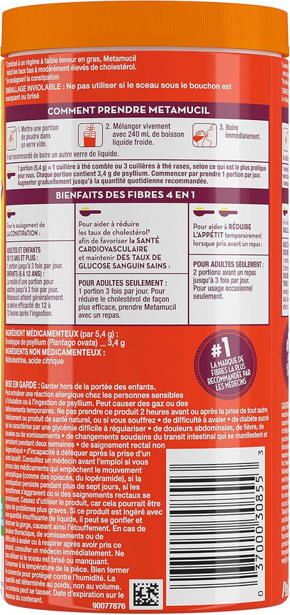 Metamucil, 每日车前子壳粉补充剂，无糖，四合一膳食纤维，促进消化健康，原味顺滑风味饮料，48 份