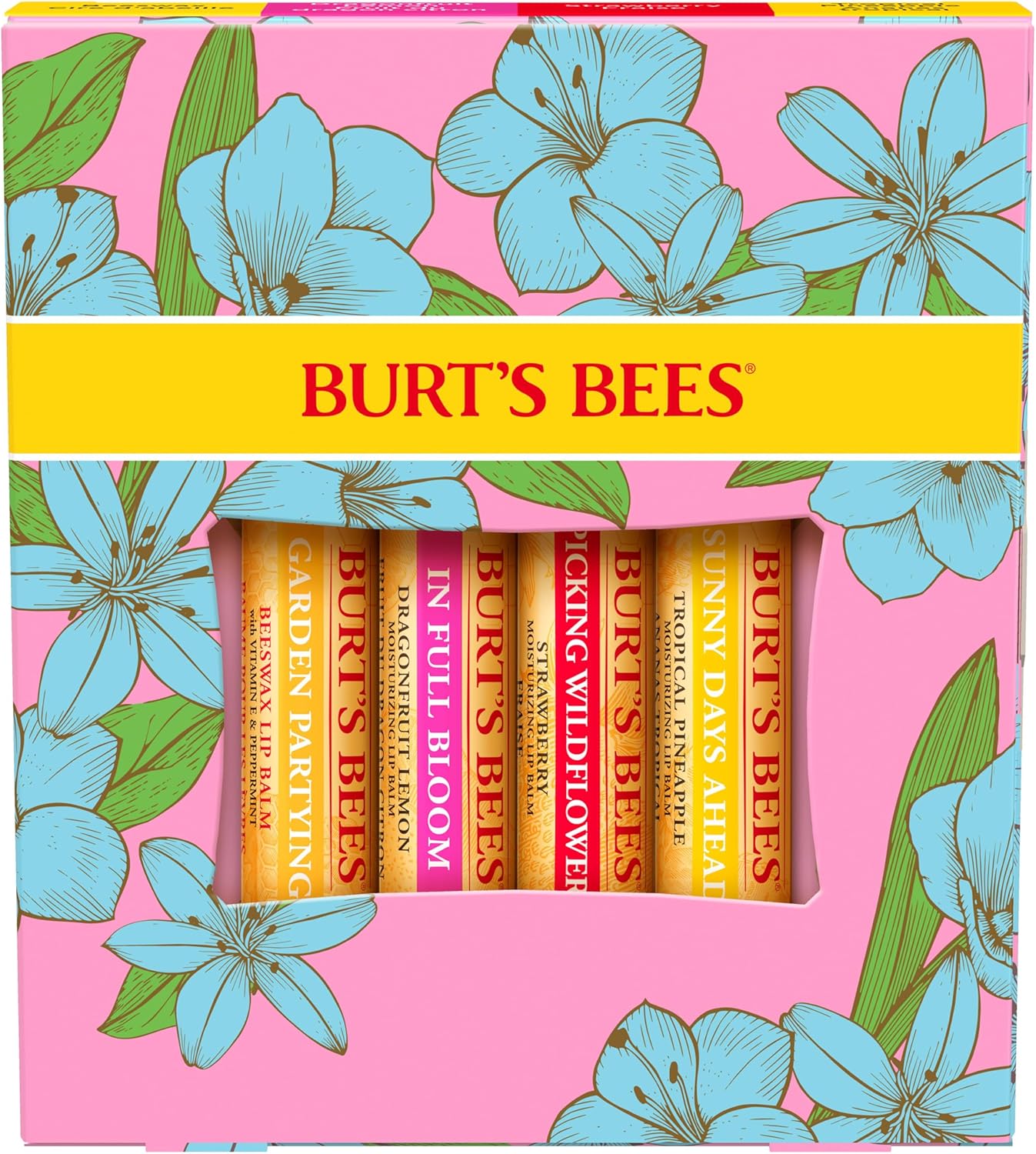 Burt’s Bees 盛开润唇膏套装 - 男女通用，4 件装（原味蜂蜡、火龙果柠檬、热带菠萝、草莓）每件 0.15 盎司