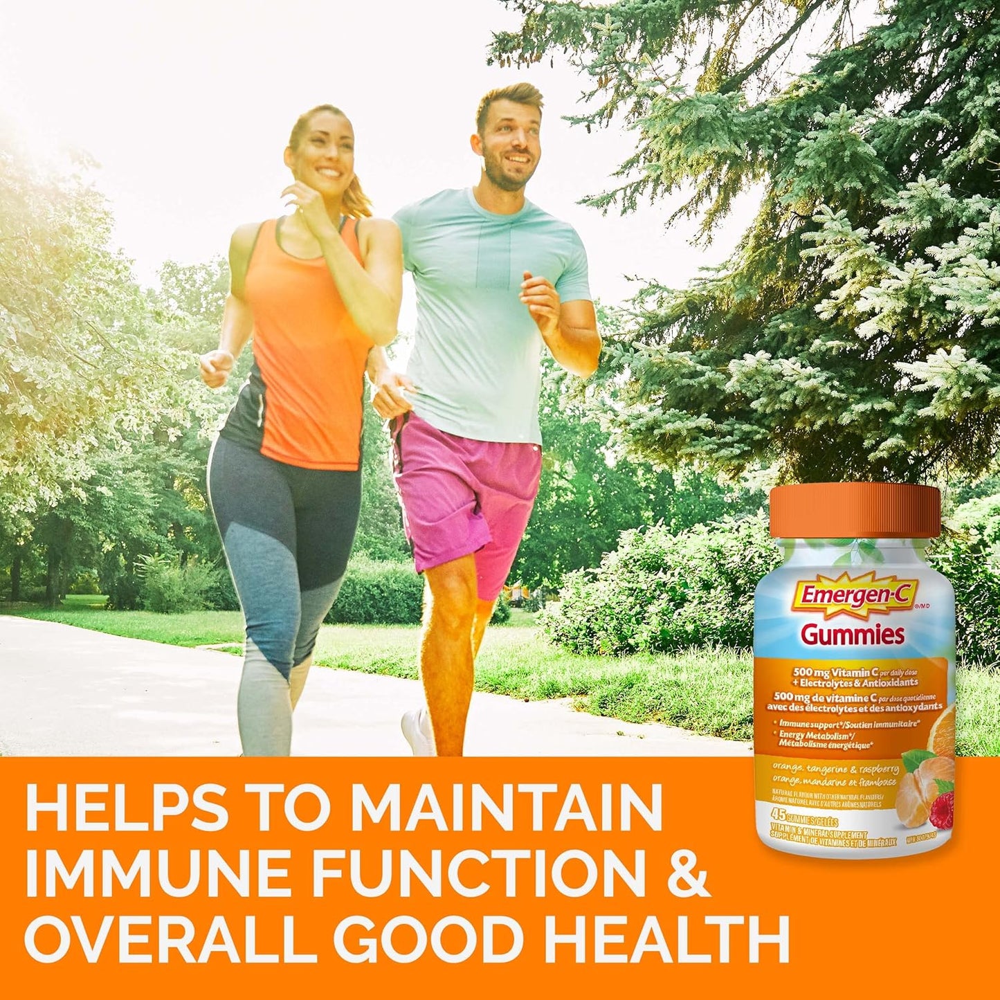 Emergen-C 免疫支持軟糖，富含維生素和礦物質，橙子、橘子和覆盆子混合，45 粒軟糖