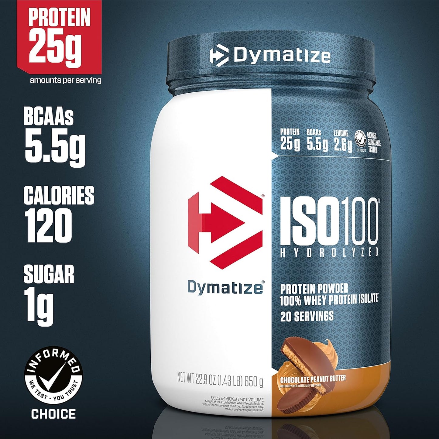 Dymatize ISO100 水解蛋白粉，香草味，高蛋白粉，100% 乳清分離蛋白粉，25 克蛋白質，無麩質，20 份 & ISO100 - 巧克力花生醬 20 份