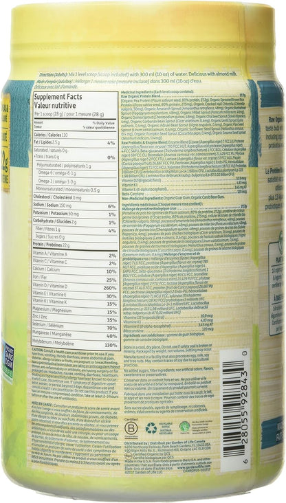 Garden Of Life 生有機蛋白粉，原味，568公克。富含22克經認證的有機植物蛋白，包括在加拿大種植和加工的有機豌豆。有助於肌肉的建構和修復。 4克支鏈胺基酸