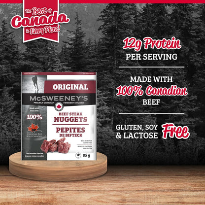 McSweeney's Original Beef Steak Nuggets Box. 100% Made in Canada, High Protein Snacks, Gluten Free, Low Fat, Meat Snacks, Naturally Smoked, Shelf Stable, Bulk Case 85g (Pack of 12)