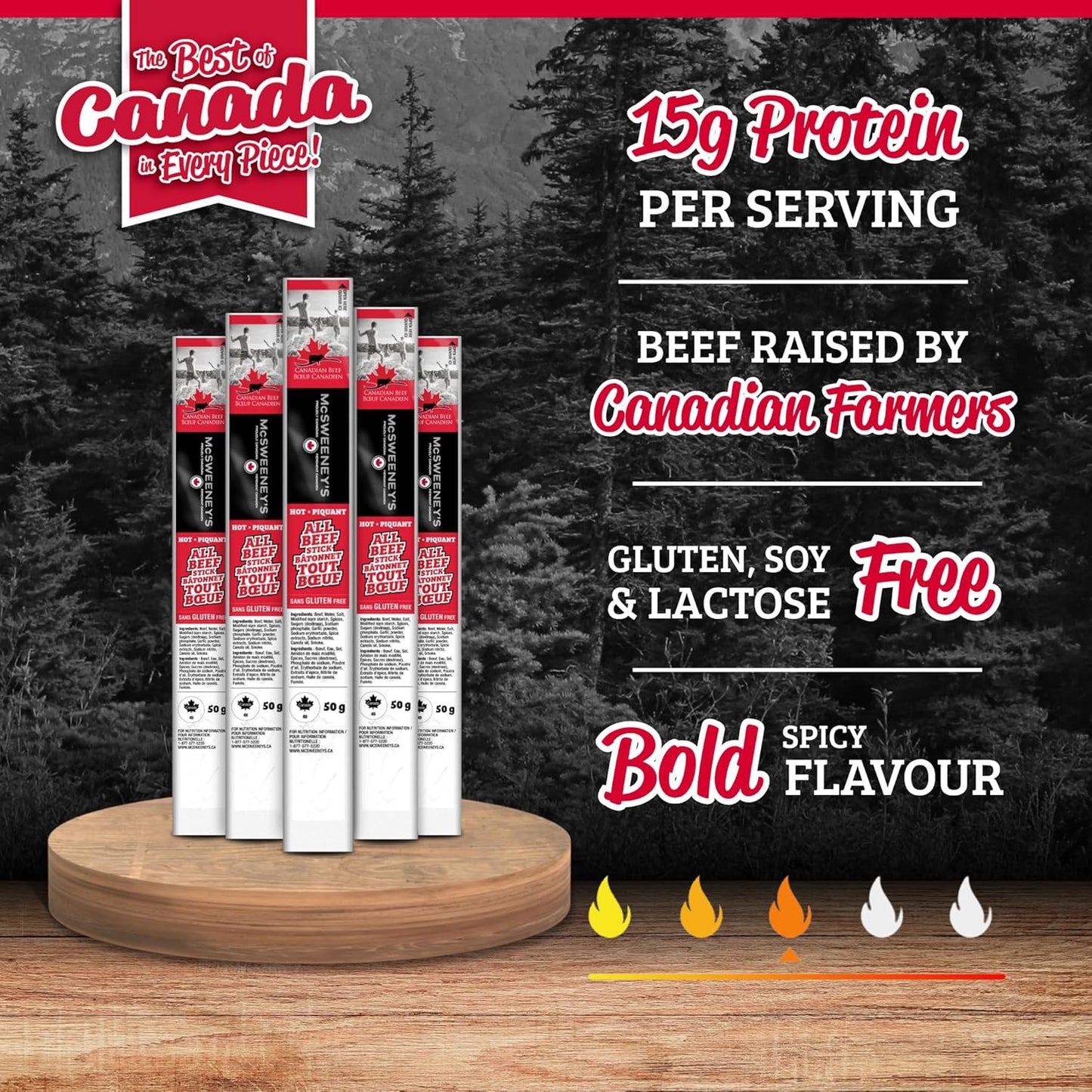 McSweeney's Hot All Beef Meat Stick Box. 100% Made in Canada, High Protein Snacks, Low Carb, Gluten Free, Low Fat, Meat Snacks, Naturally Smoked, Shelf Stable, Bulk Case 50g (Pack of 16)