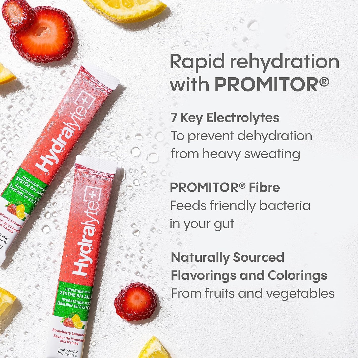Hydralyte Plus System Balance, Hydration with PROMITOR Prebiotic Fiber, Daily Electrolyte Powder Drink, Strawberry Lemonade 10 ct