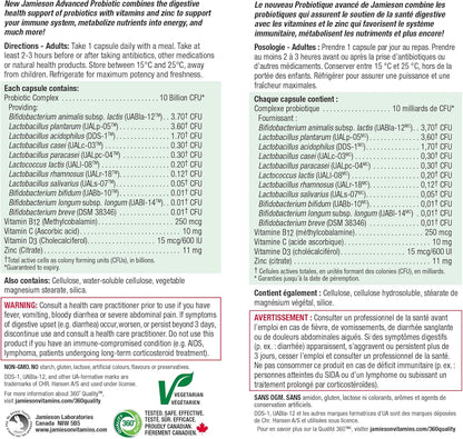 Jamieson Advanced Probiotic 10 Billion Active Cells + Vitamin C, D3, B12, and Zinc. Supports Digestive and Immune Health, Naturally Energizing, and Source of Antioxidants, Non-GMO, Gluten-Free, 30 Vegetarian Capsules