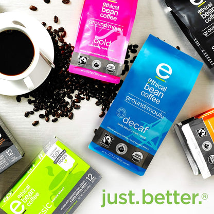 Ethical Bean Coffee 公平贸易有机咖啡，脱咖啡因深度烘焙，研磨咖啡 - 227克/袋