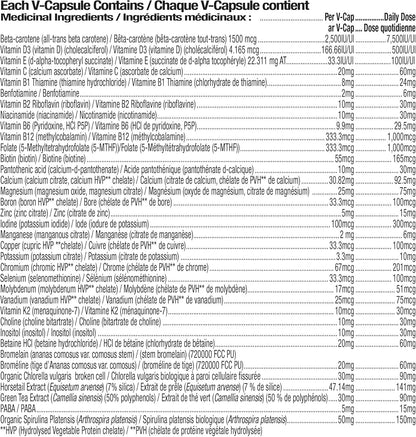 Prairie Naturals 多效男士活力配方。不含铁。富含多种维生素B群（甲钴胺B12、P5P B6、5MTHF）、MK7 维生素K2、矿物质复合物（含锌）、甜菜碱盐酸盐和菠萝蛋白酶（促进吸收）、有机小球藻……