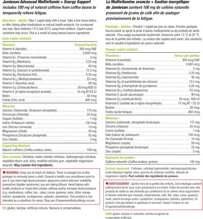Jamieson 高级复合维生素，能量补充，含 100 毫克天然咖啡因，支持免疫健康和整体健康。100% 完整维生素，含维生素 B12、锌、钙和镁，素食，每份一份……