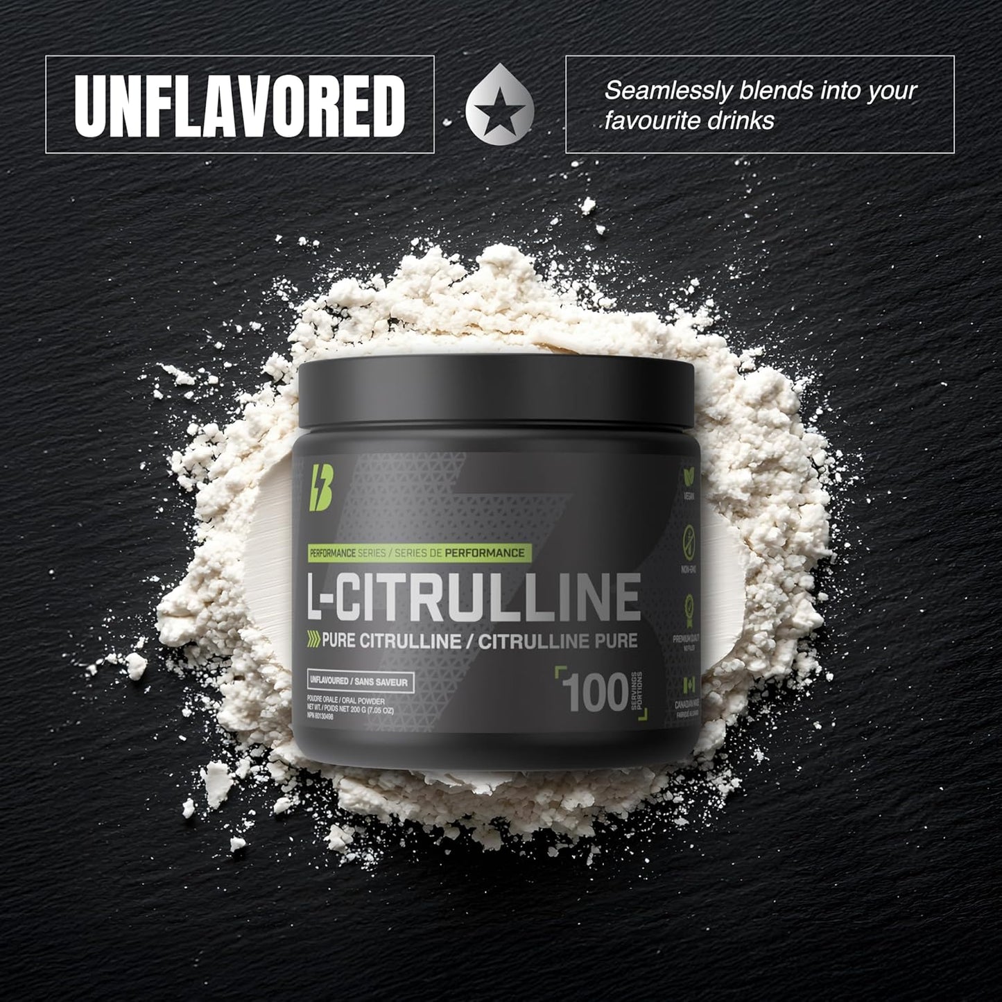 BULL Nutrition – L-瓜氨酸粉，一氧化氮促进剂和泵配方，可增强血液循环、能量和肌肉恢复 – 加拿大制造 – 100份，200克，无味