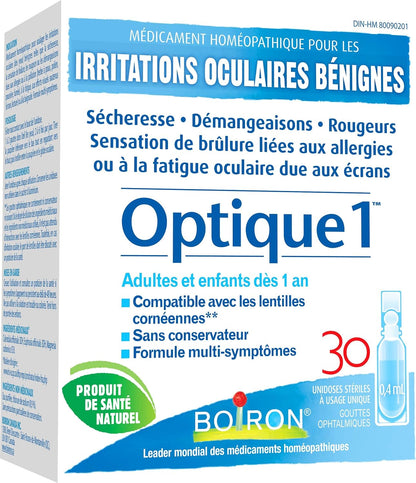 Boiron RhinAllergy 可缓解打喷嚏、流鼻涕和眼睛发痒等过敏症状，Optique 1 眼药水可缓解轻微眼部刺激，如干涩、发痒或发红灼热