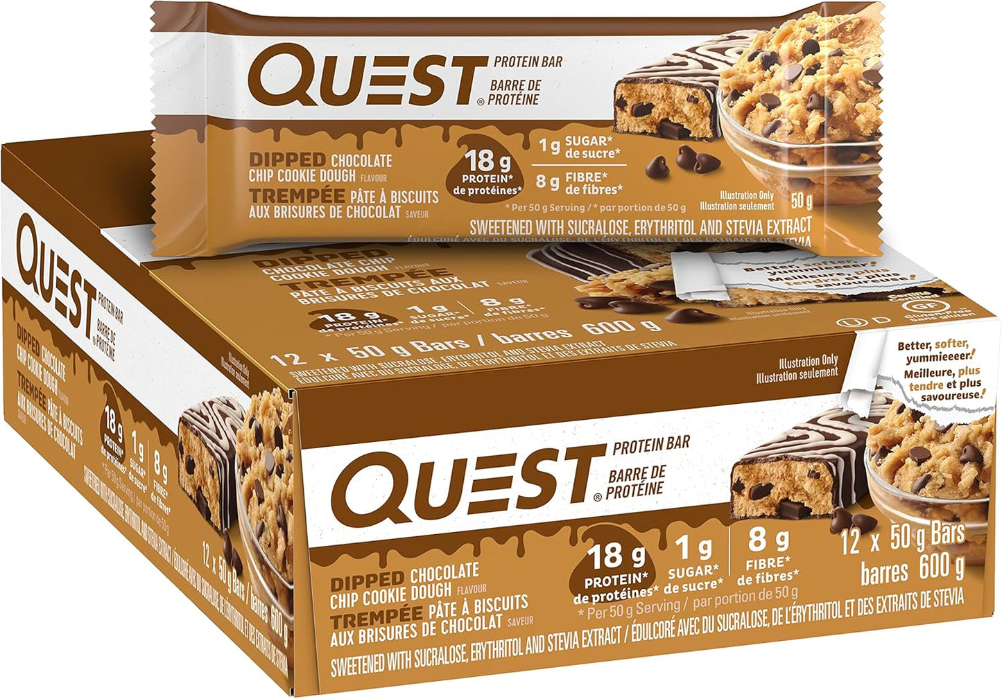 Quest Nutrition Dipped Chocolate Chip Cookie Dough Protein Bar, High Protein, High Fibre, Low Sugar, Low Carb, Keto Friendly, 21g Protein, 1g Sugar, 12ct