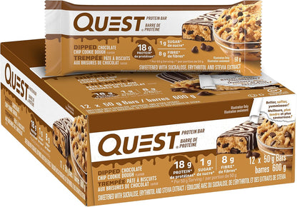 Quest Nutrition Dipped Chocolate Chip Cookie Dough Protein Bar, High Protein, High Fibre, Low Sugar, Low Carb, Keto Friendly, 21g Protein, 1g Sugar, 12ct
