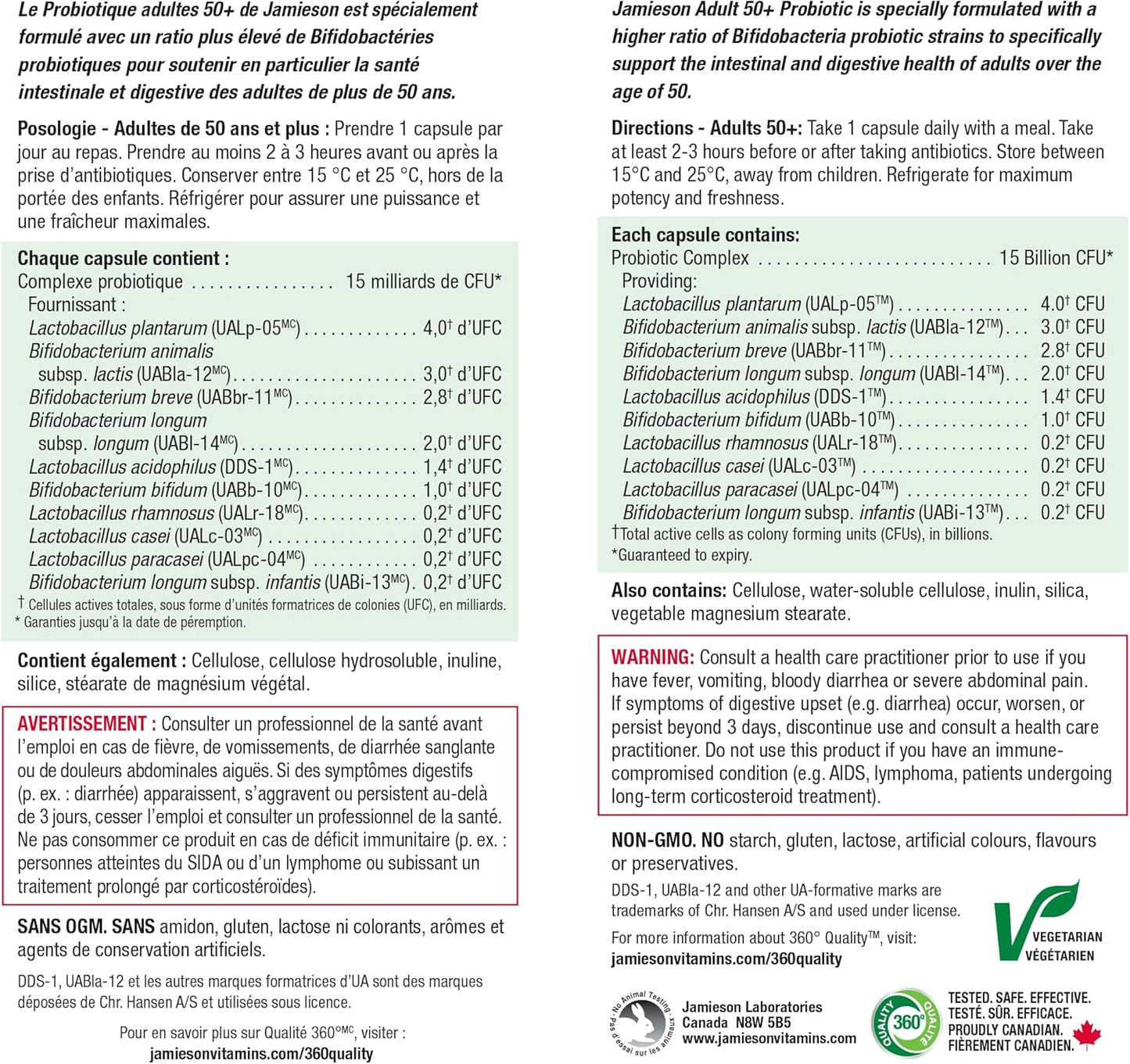 Jamieson 成人 50+ 益生菌，含 150 億活性細胞，促進雙歧桿菌生長，支持消化系統健康和腸道健康。 10 種獨特菌株，包括乳酸桿菌和雙歧桿菌，非基因改造，無麩質，30 種植物成分…