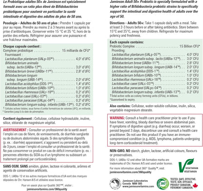 Jamieson 成人 50+ 益生菌，含 150 億活性細胞，促進雙歧桿菌生長，支持消化系統健康和腸道健康。 10 種獨特菌株，包括乳酸桿菌和雙歧桿菌，非基因改造，無麩質，30 種植物成分…