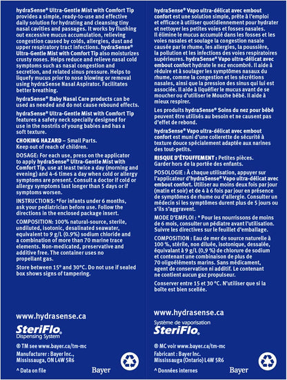 HydraSense 超温和喷雾鼻腔喷雾，婴儿鼻腔护理和温和喷雾鼻腔喷雾，日常鼻腔护理，100% 天然海水，不含防腐剂，100 毫升