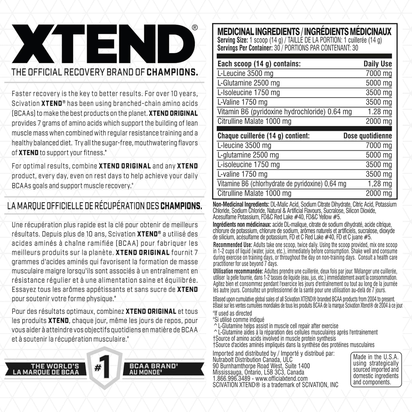 Scivation XTEND 原味 BCAA 粉 | 無糖運動後肌肉恢復飲料，含氨基酸 | 7 克 BCAA，男女適用 | 30 份，芒果味 - 420 克