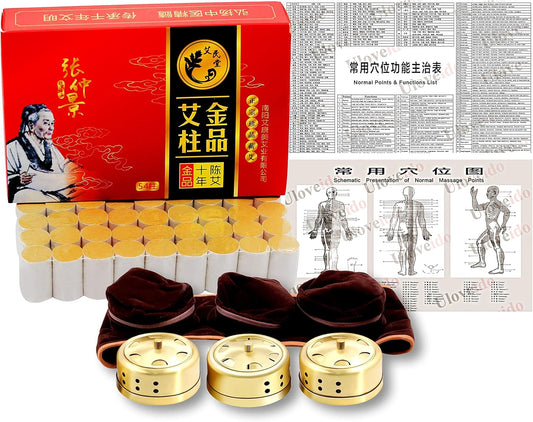 10年純度60:1比例純艾灸棒54卷/盒，3個銅爐頭盒，3合1便攜式無菸布袋腰帶和1張穴位圖Y2482