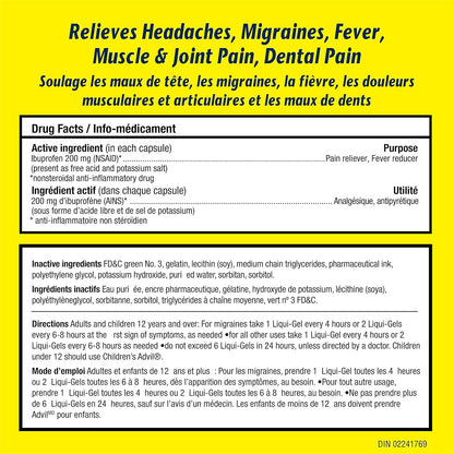 Advil Regular Strength Ibuprofen Pain Relief Liquid-Gels, Fast Acting Pain Relief for Migraine, Back, Neck, Joint, and Muscle Relief, 200mg (72 Count)
