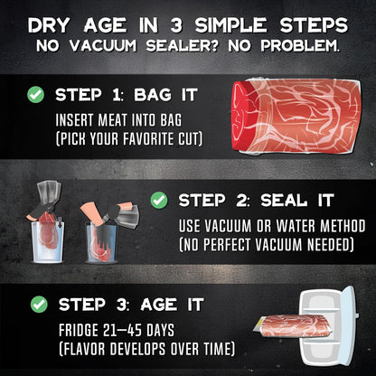 干式熟成袋透气膜套件，轻松制作美味的DIY熟成牛排。4件干式熟成袋套装 25x50厘米（10x20英寸）1-5公斤（2-12磅） - Artisan Meat LAB