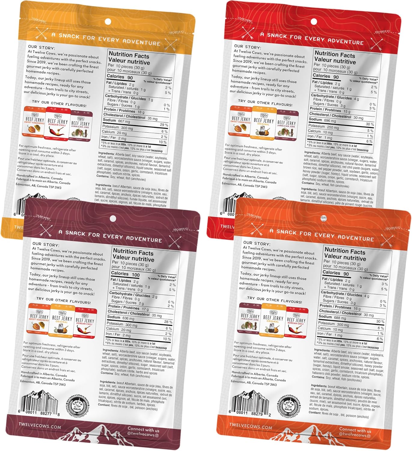 Twelve Cows 手工牛肉乾什錦裝，全肉優質切塊，阿爾伯塔牛肉，高蛋白，低碳水化合物，清真，生酮 - 57 克（4 包）