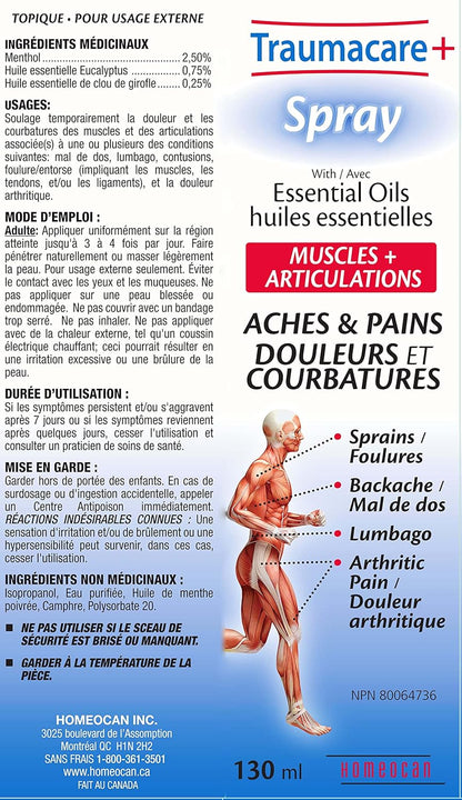 Homeocan Traumacare Spray 130ml, Eucalyptus Essential Oil for Sore Muscle & Joint Discomfort, Quick Absorption, Non-Greasy, Fragrance-Free, Travel Size, Effortless Application for Hard-to-Reach Areas