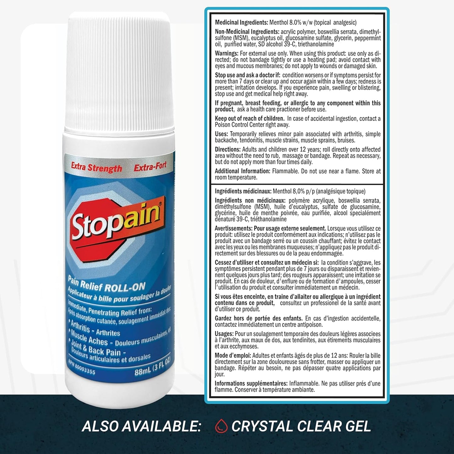 Stopain 強效止痛滾珠，快速緩解關節炎、肌肉酸痛、關節痛和背痛，不油膩，3 液體盎司（包裝可能有所不同）