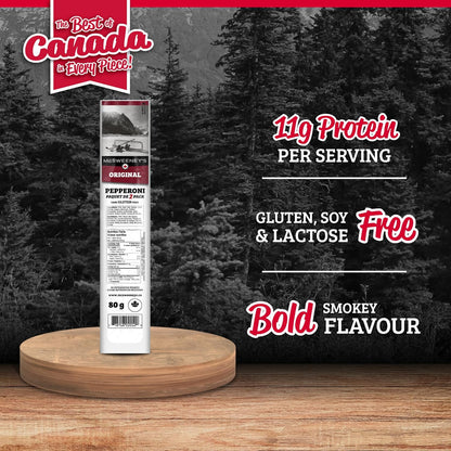McSweeney's Original Dry Cured Pepperoni Sticks. 100% Made in Canada, Naturally Smoked, High Protein Snacks, Gluten Free Meat Snacks, No Refrigeration Required, Bulk Case. 80g (Pack of 10)