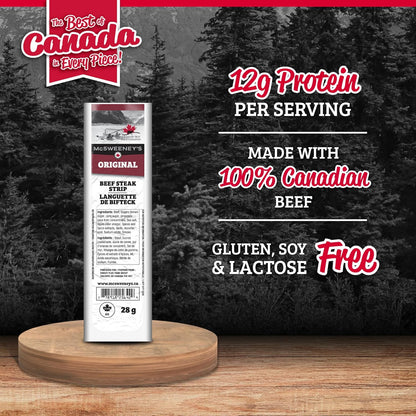 McSweeney's Original Beef Steak Strips Box. 100% Made in Canada, Naturally Smoked, High Protein Snacks, Gluten Free, Meat Snacks, Shelf Stable, Bulk Case 28g (Pack of 12)