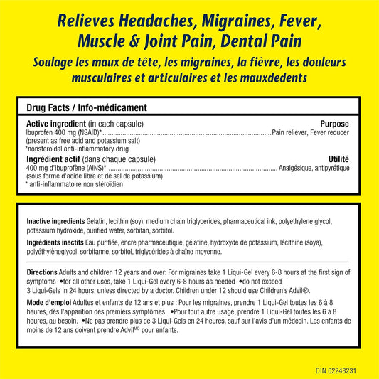 Advil Extra Strength Ibuprofen Pain Relief Liquid-Gels, Fast Acting Pain Relief for Migraine, Back, Neck, Joint, and Muscle Relief, 400mg (24 Count)