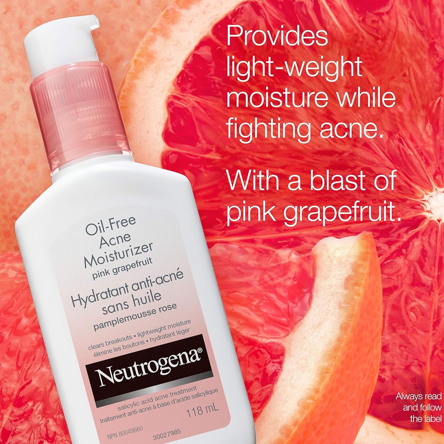 Neutrogena Acne Neutrogena Rapid clear stubborn acne Cleanser, 125 Milliliters & Acne Moisturizer, Pink Grapefruit Salicylic Acid Acne Treatment, 118 mL