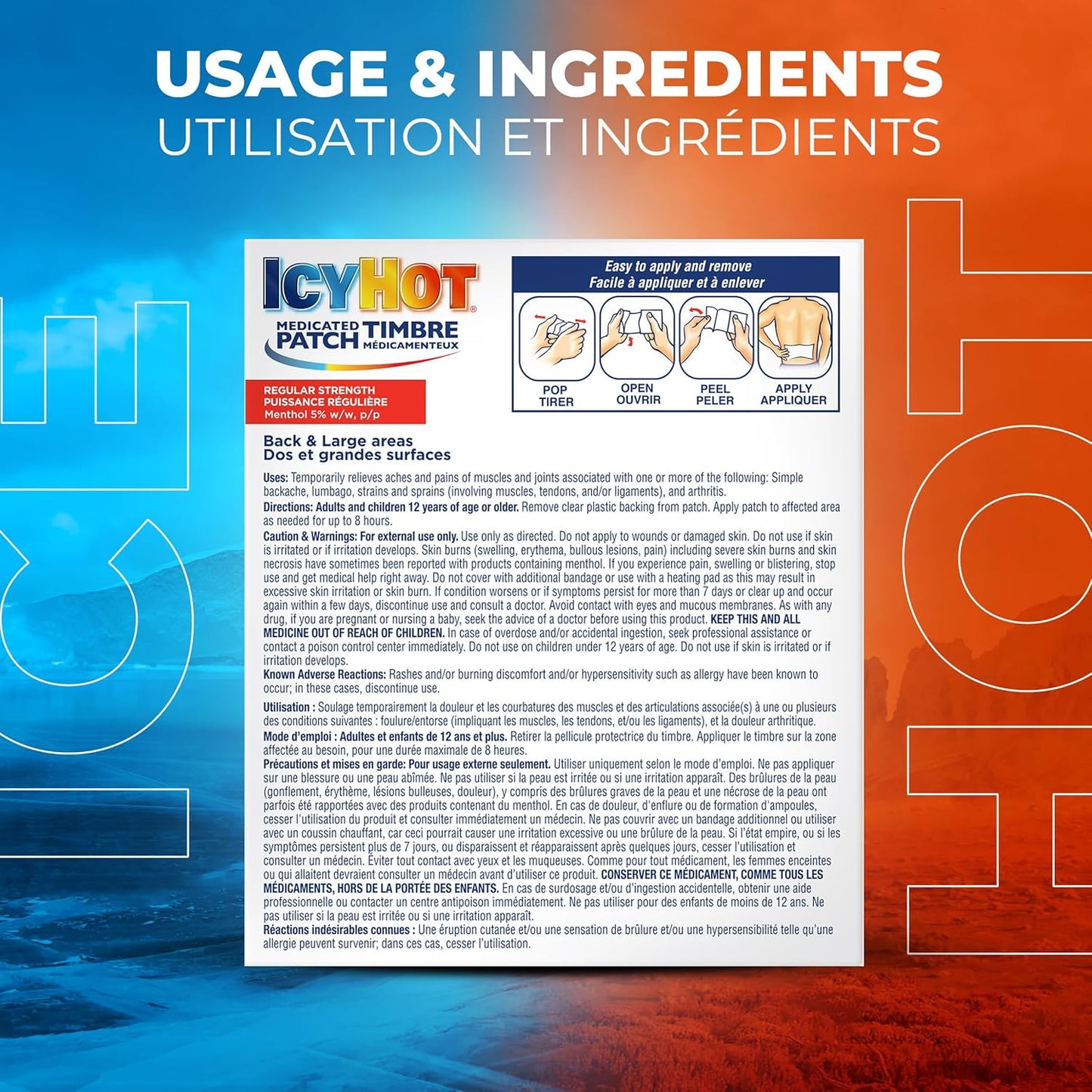冰热药用止痛贴，缓解肌肉和关节疼痛，适用于简单的背痛、腰痛、关节炎、拉伤和扭伤，不含非甾体抗炎药，薄荷醇含量为 5%，5 片