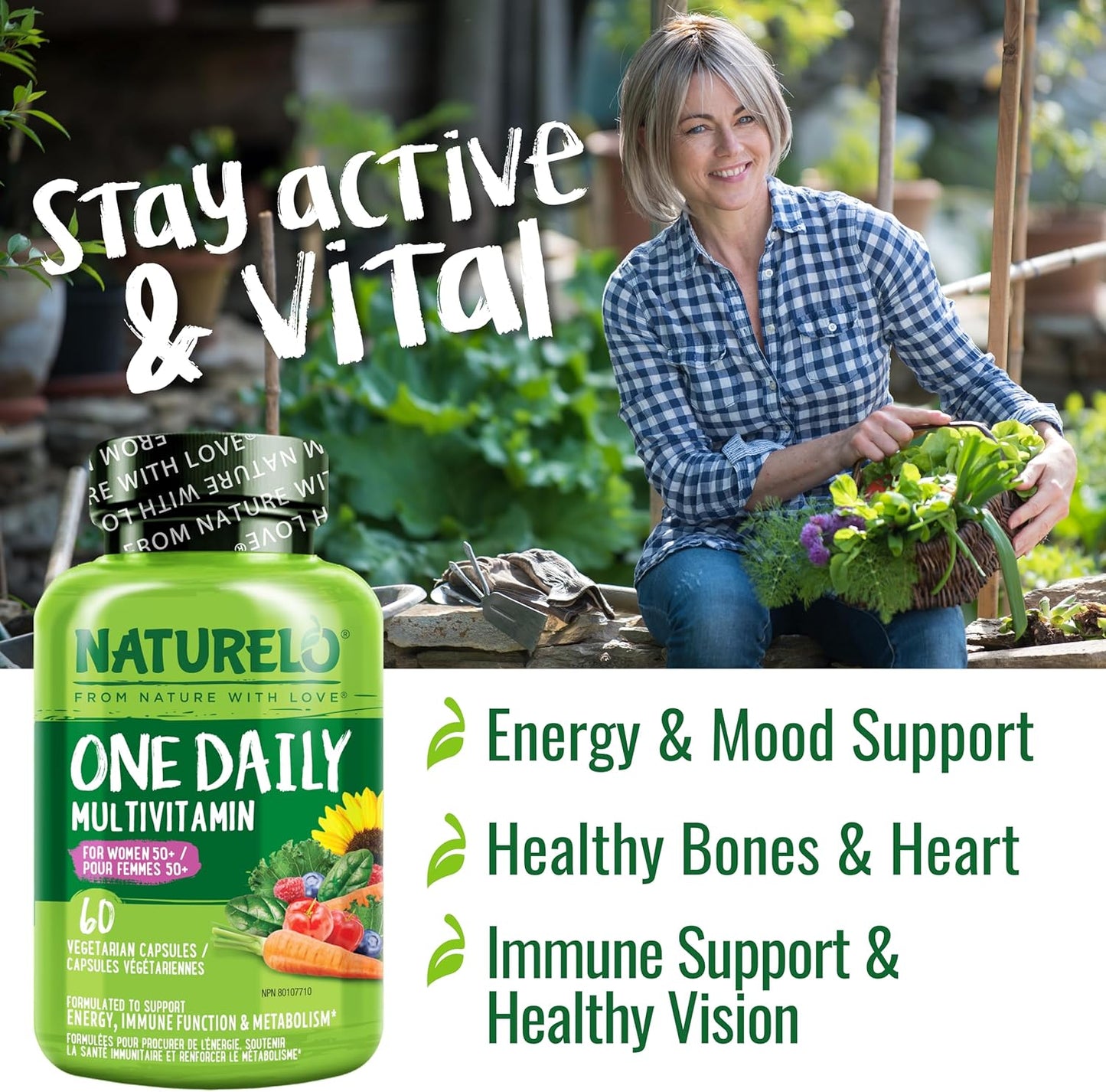 NATURELO 50歲以上女性每日一片複合維生素（無鐵） - 50歲以上女性更年期支持 - 全食物補充劑 - 非基因改造 - 不含大豆 - 60粒膠囊（2包） - 4個月用量