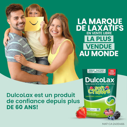 DulcoLax 软咀嚼片，用于缓解偶尔便秘的温和泻药，适用于成人和 12 岁及以上儿童，纯素、无刺激、无麸质泻药，混合浆果味，30 片