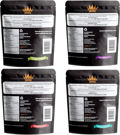 Noble Jerky – Vegan Jerky Snacks, Plant-Based High Protein Snack, 14g Protein Per Bag, Vegetarian, Non-GMO, Healthy Snack Variety Pack (Original, BBQ, Teriyaki, Chipotle), 4 Pack (70g Bags)