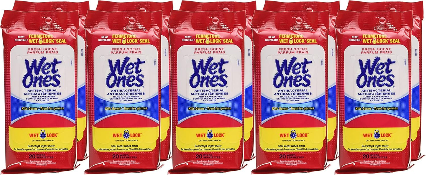 Wet Ones Antibacterial Hand Wipes, Fresh Scent, Wet Wipes, 20 Count (Pack of 10) & Antibacterial Hand Wipes, Citrus Scent, 28 Individually Wrapped Wet Wipes