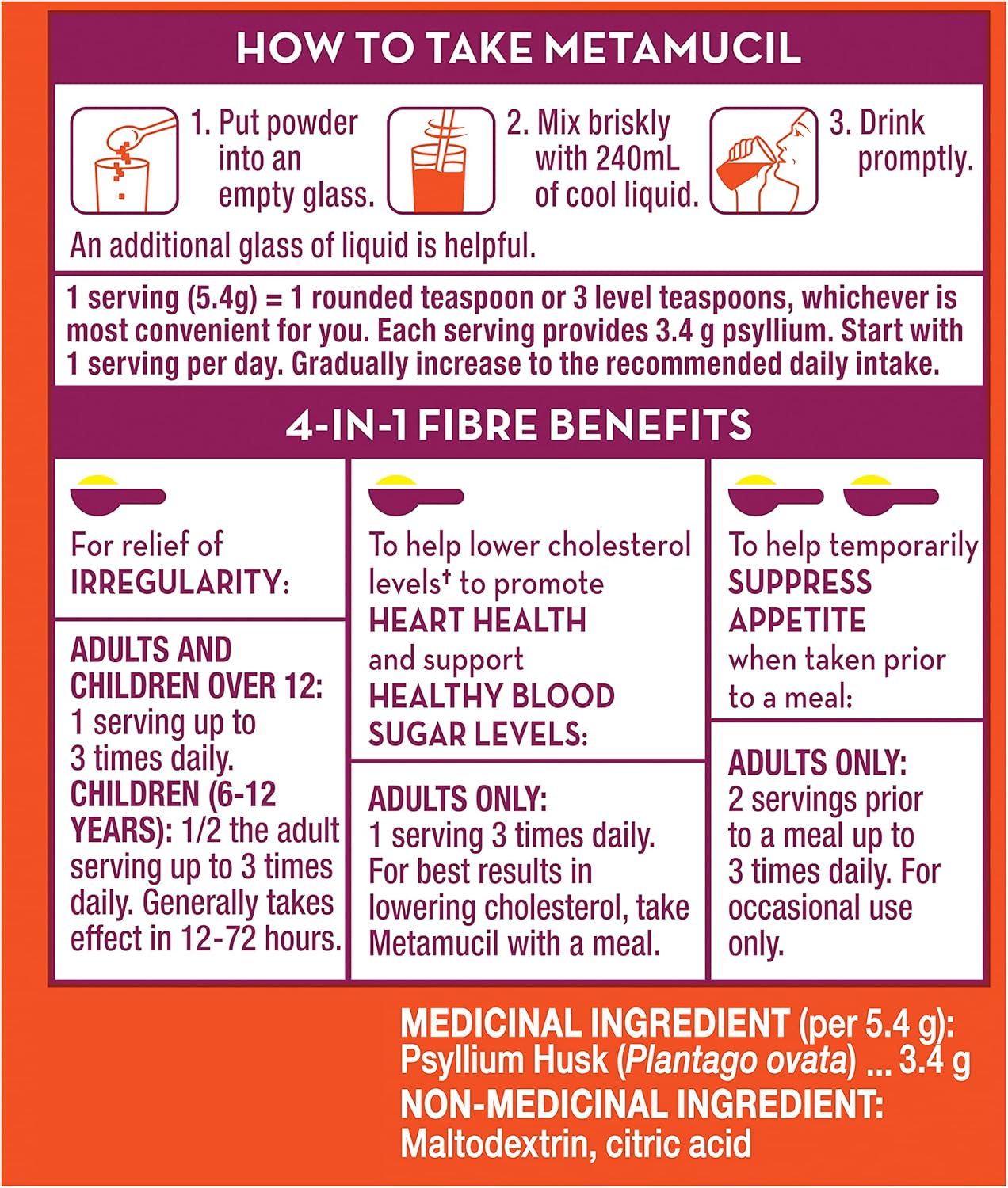 Metamucil, 每日车前子壳粉补充剂，无糖，四合一膳食纤维，促进消化健康，原味顺滑风味饮料，48 份