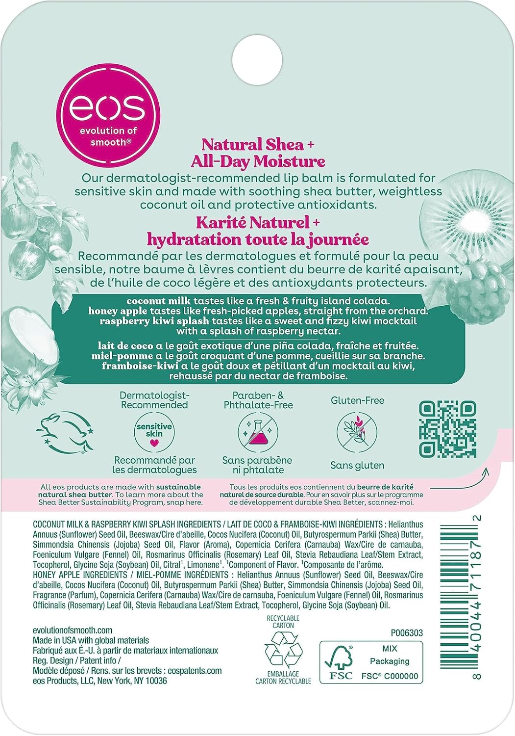 EOS 100% Natural & Organic Lip Balm Stick, Variety Pack, Coconut Milk, Honey Apple, and Raspberry Kiwi, 12g, 3-pack