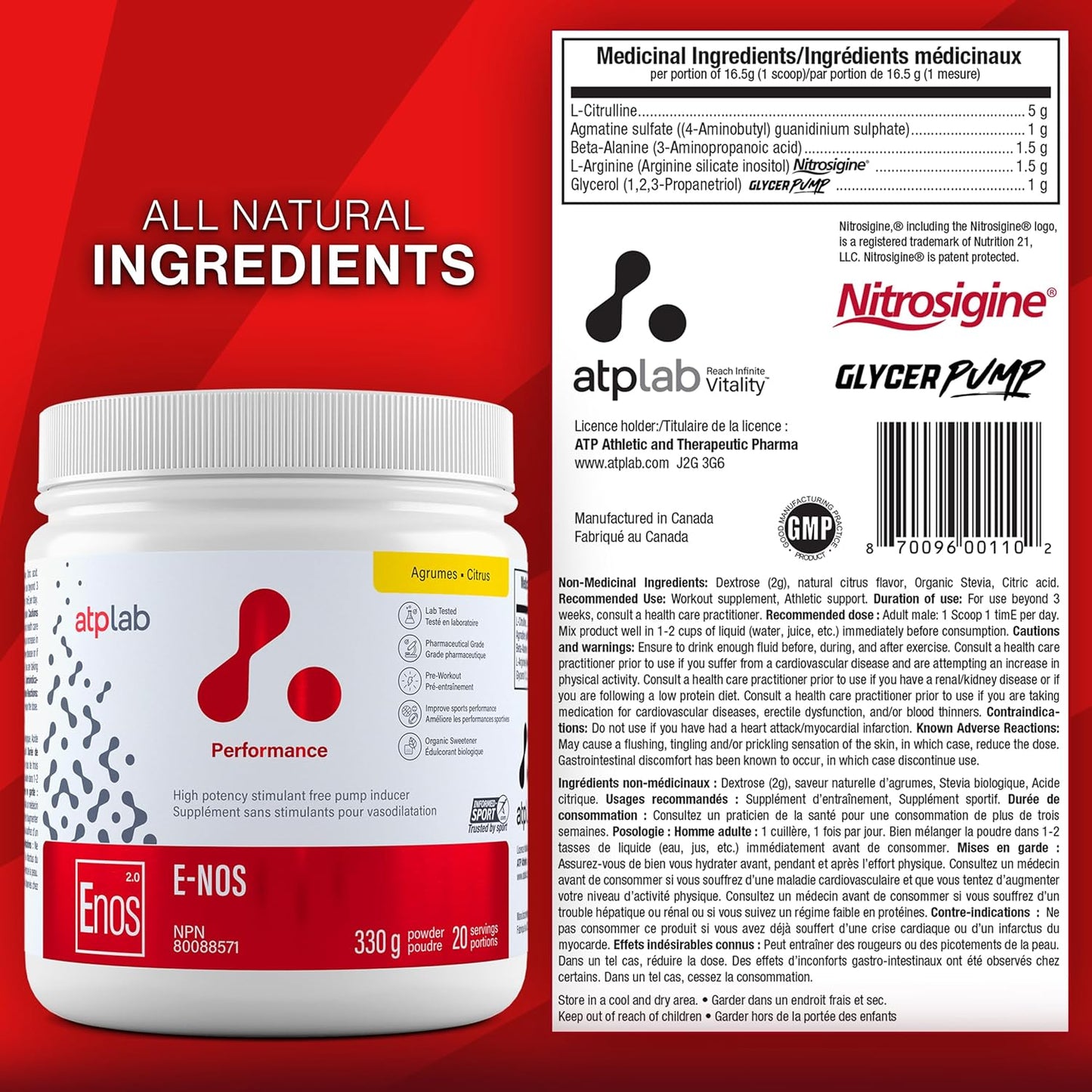 ATP LAB - E-Nos 330g Powder 20-Servings Citrus Flavour - Improve Sports Performance, Helps to Maintain and Support Cardiovascular Health - Pump Inducer and Pre Workout Powder