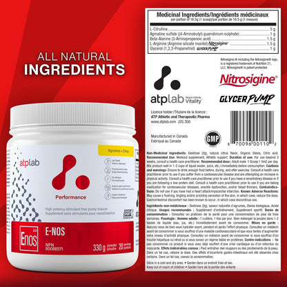 ATP LAB - E-Nos 330g Powder 20-Servings Citrus Flavour - Improve Sports Performance, Helps to Maintain and Support Cardiovascular Health - Pump Inducer and Pre Workout Powder