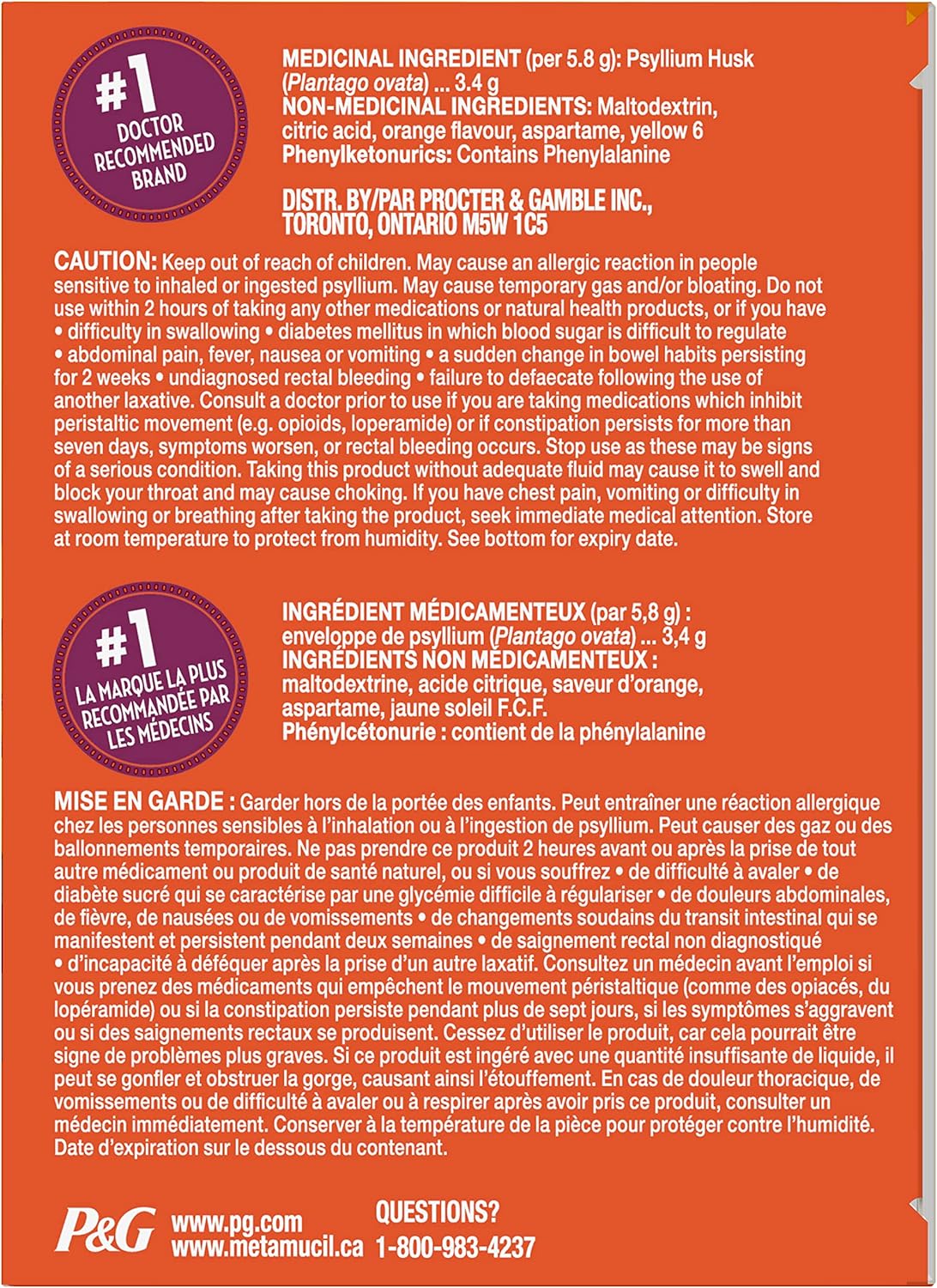 Metamucil, 每日車前子殼粉補充包，無糖，四合一膳食纖維，促進消化健康，橙味順滑飲料，44 份