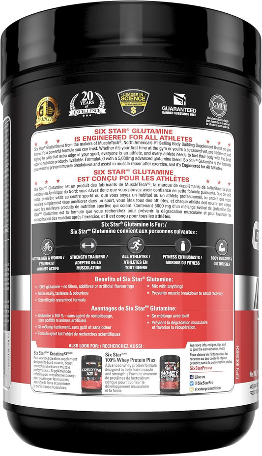 Six Star 麩醯胺酸粉，Six Star L 麩醯胺酸粉，運動後肌肉恢復補充劑，男女適用 L-麩醯胺酸粉，麩醯胺酸補充劑，無味（60 份），300 公克（1 包）