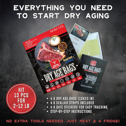 干式熟成袋透气膜套件，轻松制作美味的DIY熟成牛排。4件干式熟成袋套装 25x50厘米（10x20英寸）1-5公斤（2-12磅） - Artisan Meat LAB