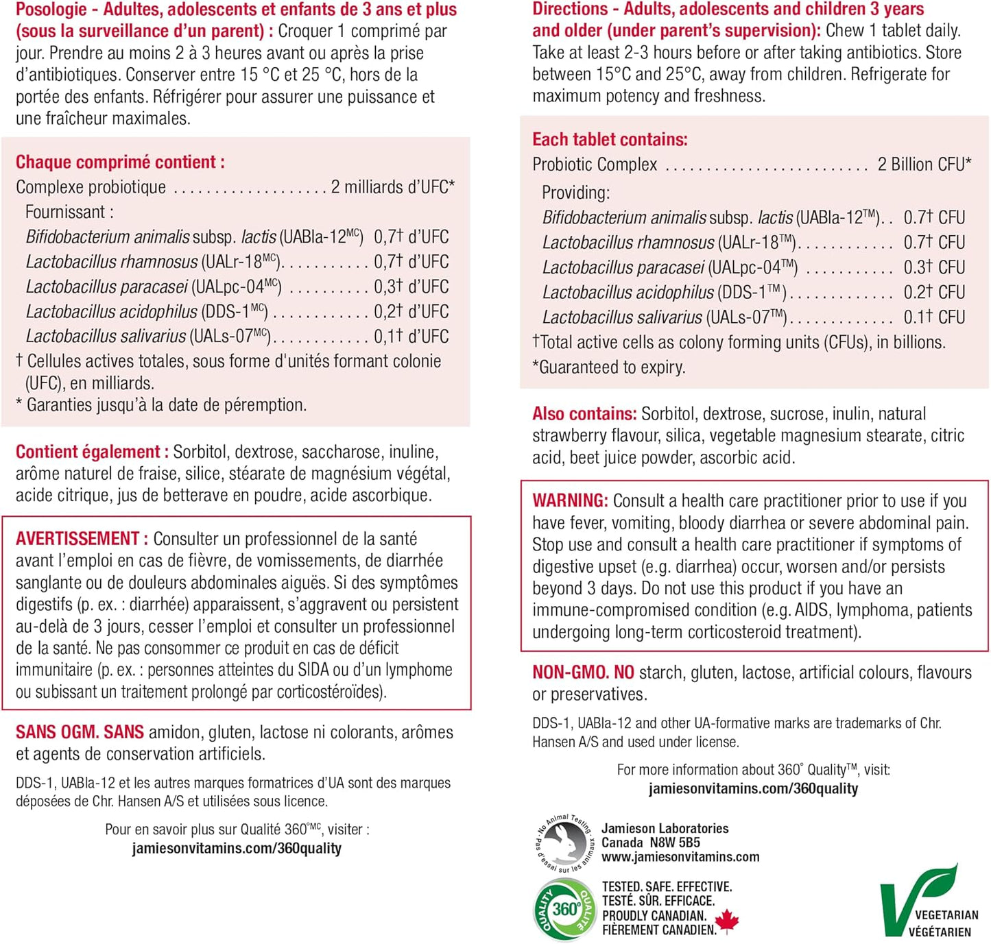 Jamieson 咀嚼益生菌，20 億個活性細胞，天然草莓口味，適合全家大小（3 歲以上），支持消化健康。 5 種獨特菌株，包括乳酸桿菌和雙歧桿菌，非基因改造，不含人工色素…