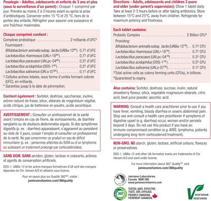 Jamieson 咀嚼益生菌，20 億個活性細胞，天然草莓口味，適合全家大小（3 歲以上），支持消化健康。 5 種獨特菌株，包括乳酸桿菌和雙歧桿菌，非基因改造，不含人工色素…