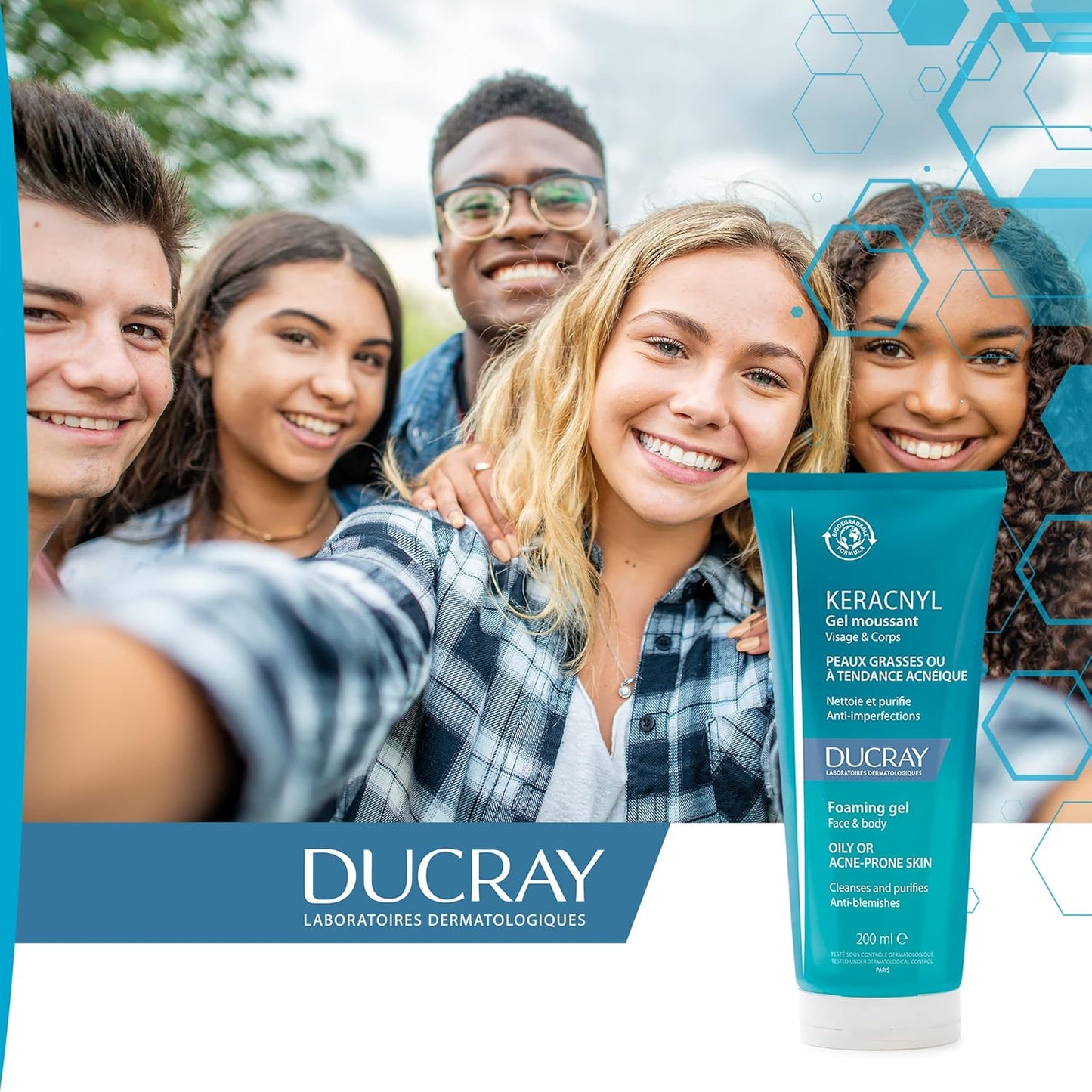 Ducray - Keracnyl 泡沫凝胶 - 面部和身体 - 200ml
