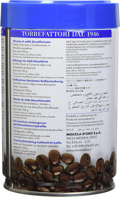 Miscela D-Oro 脱咖啡因研磨咖啡，适用于制作浓郁正宗的意大利浓缩咖啡，250克