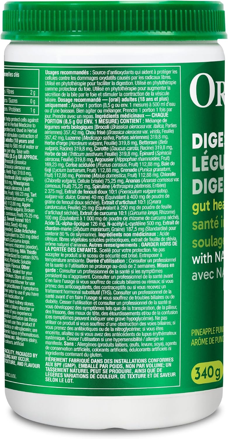 Organika Canadian-Made Digest Greens for Gut Health + Bloat Relief- Organic Greens Powder with NAC and Milk Thistle- Detox, Antioxidants, Digestion and Liver Support - Pineapple Punch Flavour- 340g